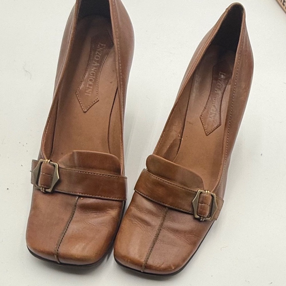 Enzo Angiolini Womens 7.5N Brown Leather Buckle Square Toe Kitten Heel Pumps